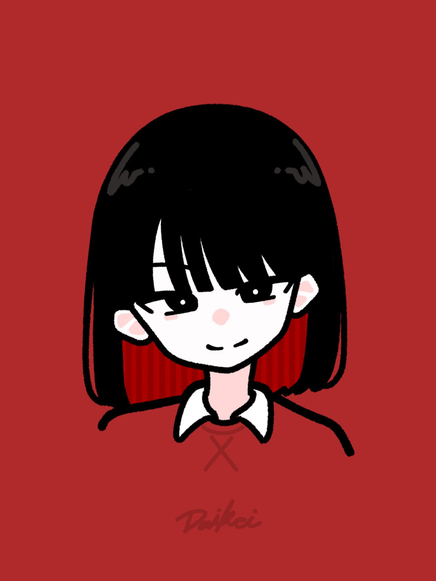 1girl black_eyes black_hair collared_shirt colored_inner_hair cropped_head daikei_625 head_tilt highres limited_palette looking_at_viewer medium_hair multicolored_hair original red_background red_shirt redhead shirt signature simple_background solo