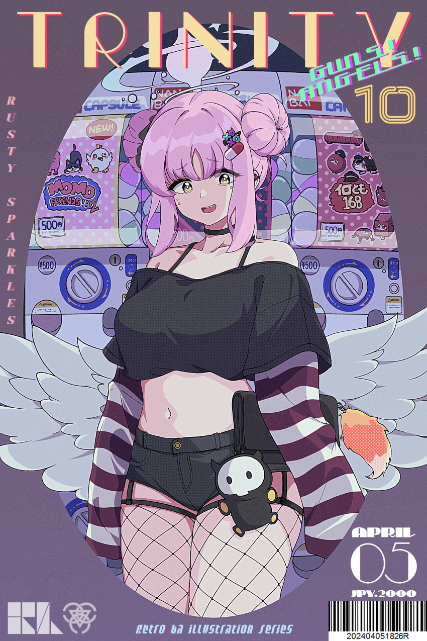 1girl absurdres angel_wings barcode blue_archive cover crop_top double_bun feathered_wings fishnet_thighhighs fishnets goth_fashion hair_bun hair_ornament highres hrna long_sleeves magazine_cover mika_(blue_archive) navel off_shoulder pink_hair short_shorts shorts solo thigh-highs wings yellow_eyes
