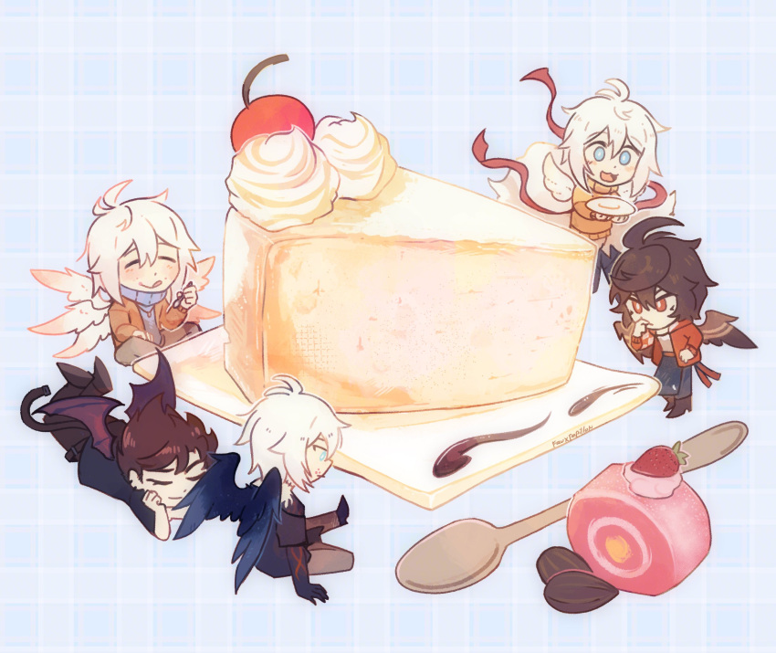 5boys ahoge artist_name bat_wings belial_(granblue_fantasy) black_wings blue_background blue_eyes brown_hair brown_wings cake cake_slice cheesecake cherry chibi closed_eyes coffee_beans eating english_commentary fauxpapillon feathered_wings food fruit granblue_fantasy hair_between_eyes highres lucifer_(shingeki_no_bahamut) lucilius_(granblue_fantasy) lucio_(granblue_fantasy) lying male_focus messy_hair multiple_boys multiple_wings on_stomach patterned_background plate red_eyes red_ribbon ribbed_sweater ribbon sandalphon_(granblue_fantasy) shirt sitting sleeveless sleeveless_shirt spoon sweater swiss_roll thinking turtleneck turtleneck_sweater whipped_cream white_hair white_wings wings