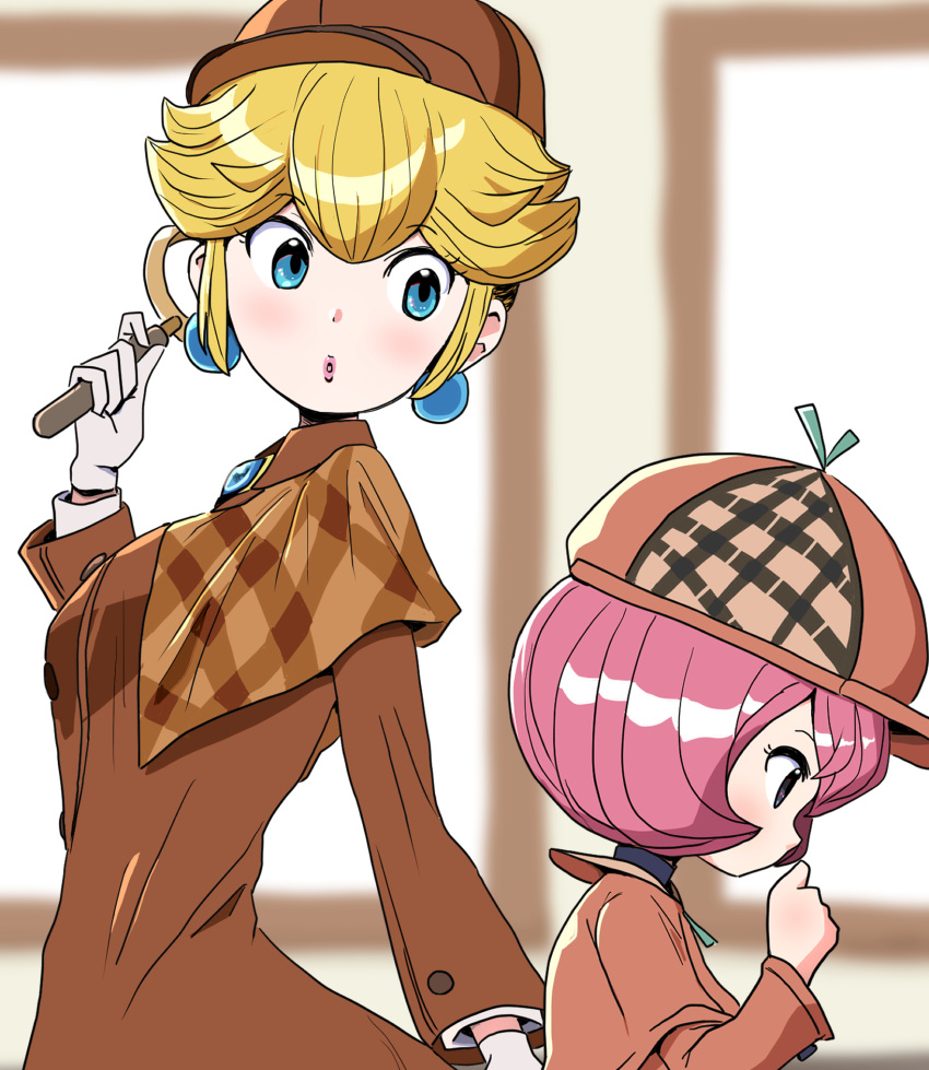 2girls blonde_hair blue_eyes blurry blurry_background brooch brown_coat cabbie_hat capelet coat deerstalker depth_of_field detective_peach detesu earrings gloves hand_on_own_chin hat highres holding holding_magnifying_glass indoors jacket jewelry looking_to_the_side looking_up magnifying_glass multiple_girls official_alternate_costume official_alternate_hairstyle pink_hair princess_peach princess_peach:_showtime! sheila_bell short_hair solo sphere_earrings super_mario_bros. surechigai_meikyuu white_gloves