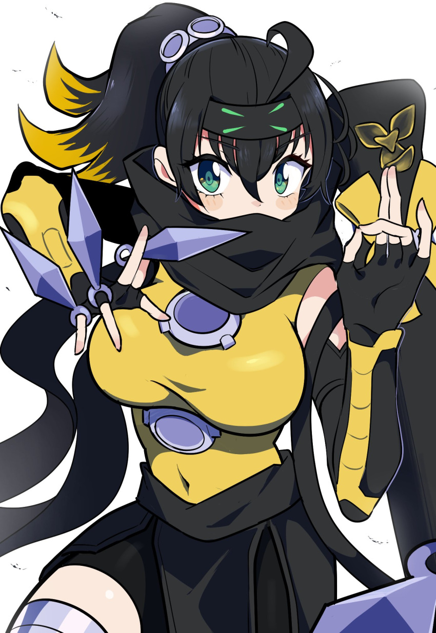 1girl ahoge bare_shoulders black_hair blonde_hair breasts duel_monster elbow_gloves forehead_protector gloves gradient_hair green_eyes highres kunai large_breasts multicolored_hair ninja ponytail s-force_rappa_chiyomaru s:p_little_knight sleeveless sleeveless_turtleneck solo thigh-highs turtleneck wadatsumi_(sense11531153) weapon yu-gi-oh!