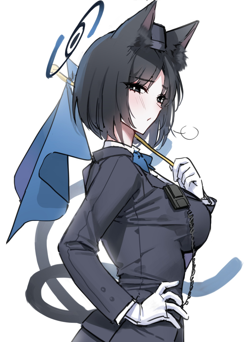 1girl absurdres animal_ears black_eyes black_hair black_hat blue_archive blue_halo blush breasts cat_ears cat_tail closed_mouth flag gloves halo hat highres holding holding_flag kikyou_(blue_archive) long_sleeves looking_at_viewer medium_breasts multiple_tails raki_kr short_hair simple_background solo tail two_tails white_background white_gloves