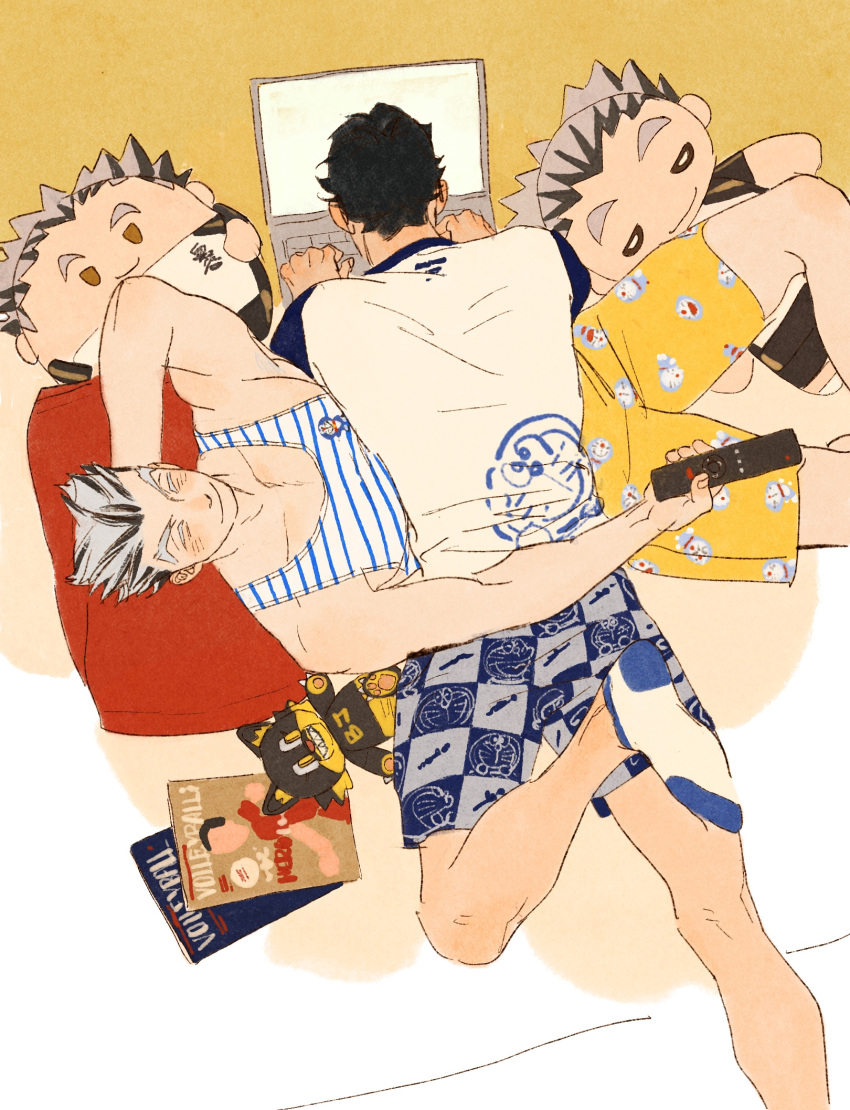 2boys akaashi_keiji bed black_hair bokuto_koutarou boxers character_doll character_print chengongzi123 commentary computer doraemon_(character) facing_away foot_out_of_frame haikyuu!! highres indoors laptop lying lying_on_person magazine_(object) male_focus male_underwear multiple_boys on_bed on_stomach pillow shirt short_hair socks stuffed_animal stuffed_toy symbol-only_commentary tank_top underwear very_short_hair white_shirt yellow_background