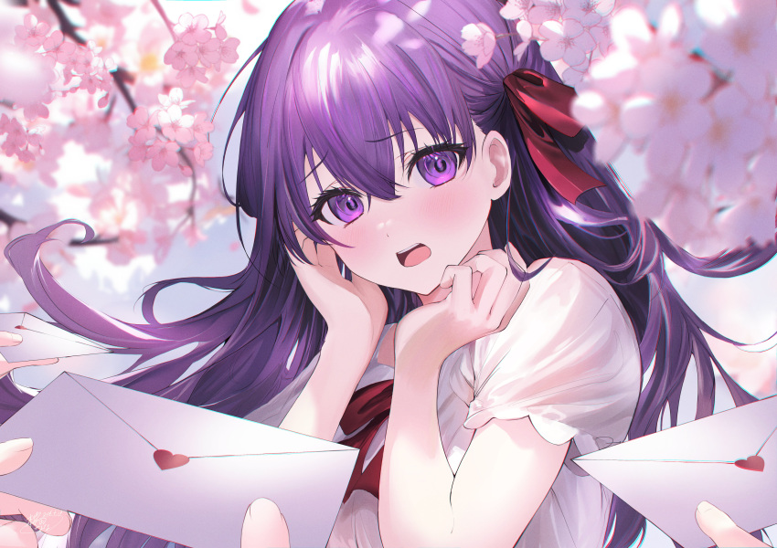 1girl absurdres blush cherry_blossoms commentary_request dress embarrassed fate/stay_night fate_(series) floating_hair flower hair_between_eyes hair_ribbon highres holding holding_letter letter long_hair looking_at_viewer love_letter matou_sakura open_mouth out_of_frame outdoors pink_flower purple_hair red_ribbon ribbon sakurada_nana short_sleeves teeth upper_teeth_only violet_eyes white_dress