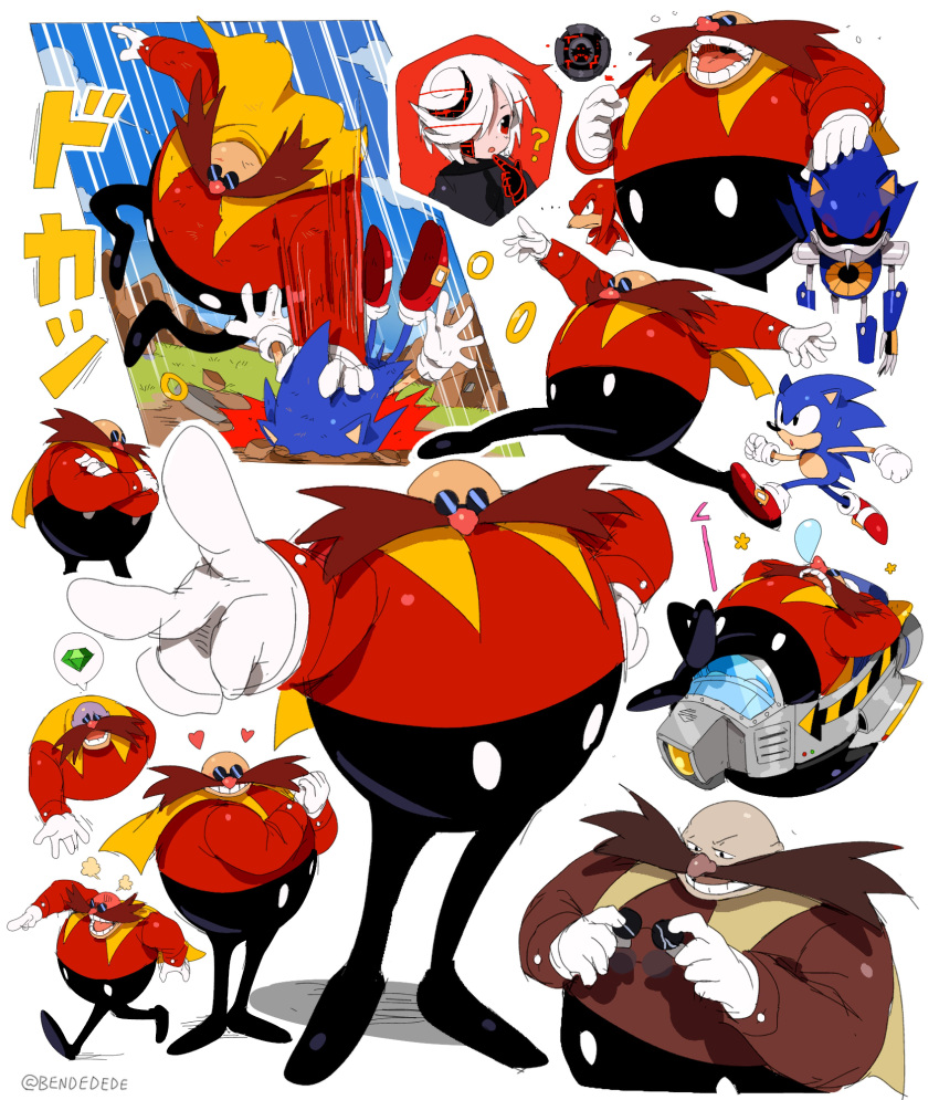 4boys absurdres bald bendedede black_sclera cleaning_glasses collage colored_sclera commentary dr._eggman english_commentary facial_hair furry furry_male glasses gloves highres knuckles_the_echidna metal_sonic multiple_boys mustache non-humanoid_robot red_eyes robot robot_animal simple_background sonic_(series) sonic_frontiers sonic_the_hedgehog sonic_the_hedgehog_(classic) unworn_eyewear white_background white_gloves