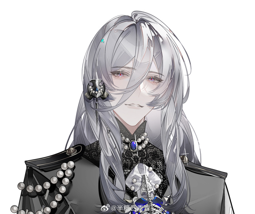 1boy alternate_costume ascot ban_tang_siji_qing black_capelet black_shirt blue_gemstone brooch cael_anselm capelet fish_bone gem glint grey_hair hair_between_eyes hair_ornament jewelry lace lace_shirt long_bangs long_hair long_sleeves looking_at_viewer lovebrush_chronicles male_focus necklace parted_lips pearl_(gemstone) pearl_necklace red_pupils shirt simple_background smile solo upper_body violet_eyes weibo_logo weibo_watermark white_ascot white_background