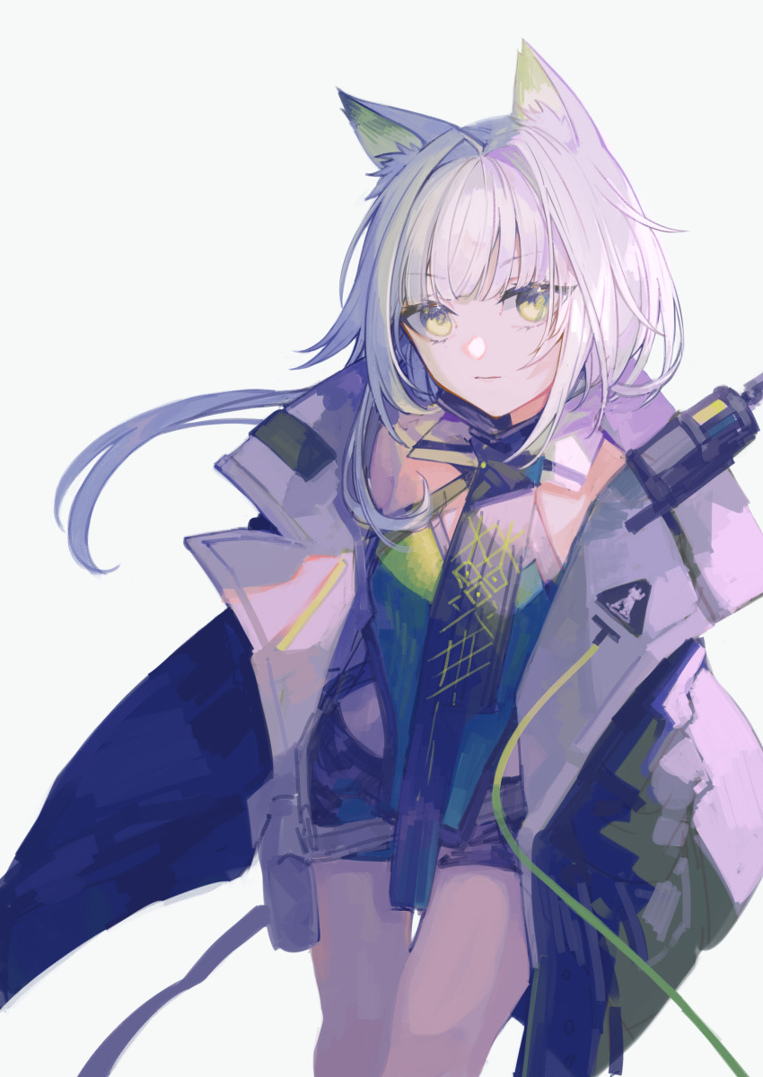 1girl absurdres alternate_costume animal_ear_fluff animal_ears arknights bare_legs cat_ears cat_girl closed_mouth coat cowboy_shot green_eyes hands_in_pockets highres jacket kal'tsit_(arknights) long_hair looking_at_viewer miike_(992058) open_clothes open_coat open_jacket short_shorts shorts simple_background solo standing white_background white_hair