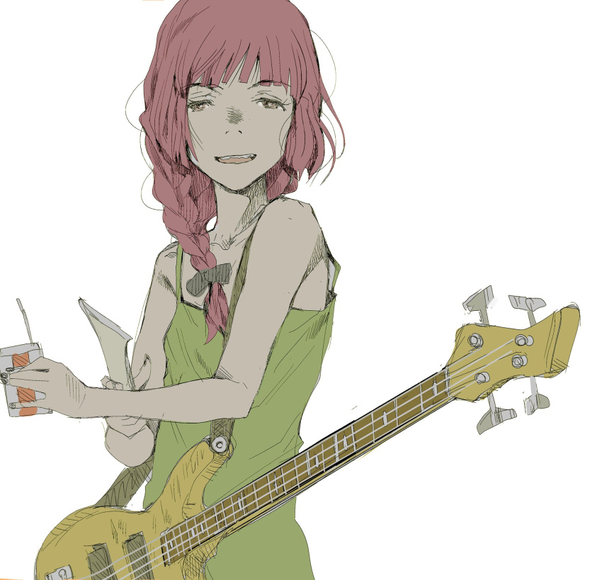 1girl bare_shoulders bocchi_the_rock! bow braid camisole collarbone commentary electric_guitar food green_camisole grey_bow guitar hair_bow highres hiroi_kikuri holding holding_food holding_guitar holding_instrument instrument juice_box long_hair looking_at_viewer open_mouth pink_hair simple_background solo tamaoki_benkyou upper_body white_background