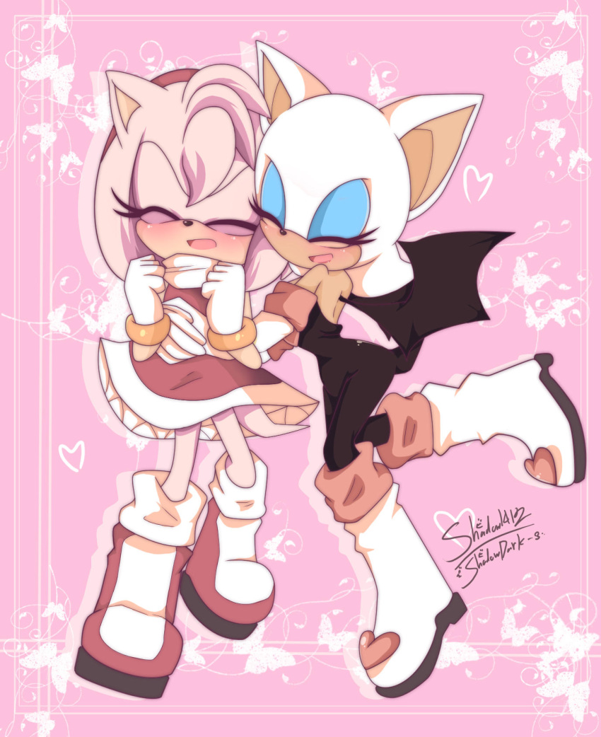 2girls abstract_background amy_rose bat_girl bat_wings blush boots closed_eyes dress eyelashes furry furry_female furry_with_furry happy hedgehog_girl highres hug misterhyeon-in multiple_girls rouge_the_bat smile sonic_(series) wings yuri