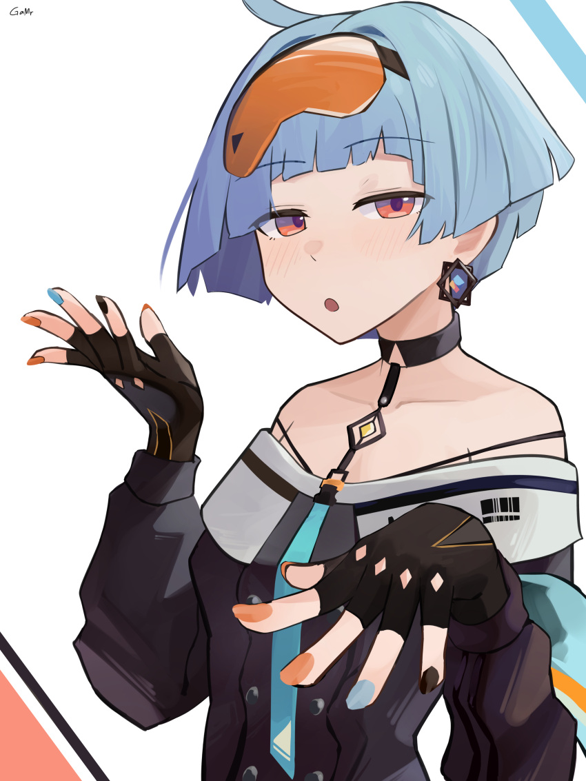 1girl absurdres ahoge black_choker black_coat black_gloves black_nails blue_hair blue_nails bob_cut chestnut_mouth choker coat collarbone earrings fingerless_gloves fingernails foreshortening gamryous girls_frontline gloves goggles goggles_on_head hands_up highres jewelry looking_at_viewer multicolored_nails nail_polish off-shoulder_coat off_shoulder orange_eyes orange_nails short_bangs short_hair signature simple_background solo upper_body white_background zas_m21_(girls'_frontline)