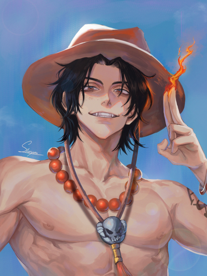 1boy absurdres artist_name bead_necklace beads black_hair blue_sky bracelet collarbone fangs fire freckles hand_up hat highres jewelry looking_at_viewer male_focus necklace nipples one_piece orange_eyes parted_bangs pectorals portgas_d._ace pyrokinesis salute shoulder_tattoo skull sky smile solo staryoruu tattoo topless_male two-finger_salute upper_body