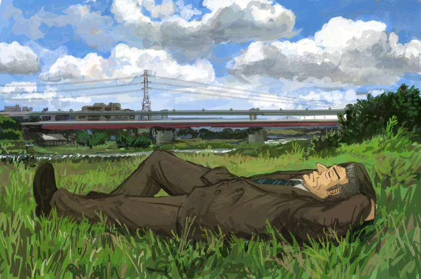 1boy absurdres big_nose black_footwear blue_necktie brown_jacket brown_pants closed_eyes closed_mouth clouds commentary_request crew_cut day expressionless fukumoto_nobuyuki_(style) full_body grass grey_hair highres jacket kaiji lying male_focus minahamu necktie official_style old old_man on_back outdoors pants parody river riverbank shoes short_hair solo style_parody suit tonegawa_yukio train very_short_hair wrinkled_skin