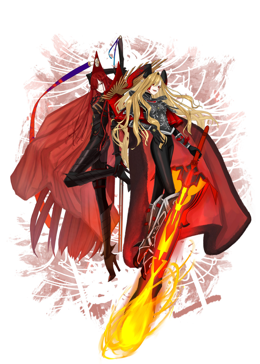 absurdres armor armored_bodysuit armored_boots black_armor black_bodysuit black_gloves black_horns blonde_hair bodysuit boots breasts cape chain collared_cape dragon_horns facial_mark fate/grand_order fate_(series) flaming_sword flaming_weapon fur-trimmed_cape fur_trim gloves hair_over_one_eye highres hiyoko_no_tamago horns long_hair long_horns looking_at_viewer medium_breasts multiple_girls nero_claudius_(fate) oda_nobunaga_(fate) oda_nobunaga_(maou_avenger)_(fate) pointy_ears popped_collar queen_draco_(fate) queen_draco_(third_ascension)_(fate) red_cape red_eyes red_scales redhead shoulder_plates smile tight_top very_long_hair wavy_hair weapon