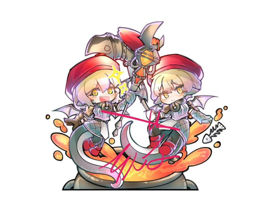 1boy 1girl beret blonde_hair cauldron chibi closed_mouth don_quixote_(project_moon) dragon_boy dragon_girl dragon_tail dragon_wings e.g.o_(project_moon) full_body gauntlets hat limbus_company open_mouth project_moon short_hair signature simple_background sinclair_(project_moon) tail white_background wings yellow_eyes zeremi0102