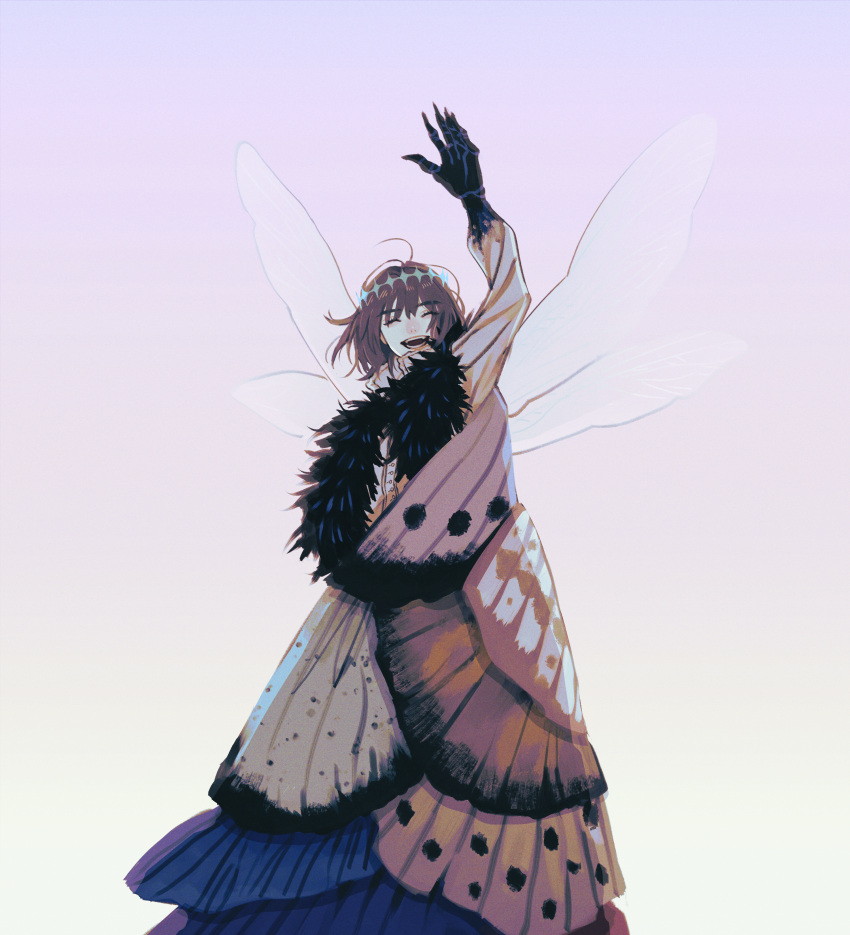 1boy absurdres arthropod_boy black_hair bug cape cloak collared_shirt crown diamond_hairband dragonfly_wings fate/grand_order fate_(series) fur-trimmed_cape fur-trimmed_cloak fur_trim highres insect_wings long_sleeves male_focus medium_hair oberon_(fate) oberon_(third_ascension)_(fate) official_alternate_hair_color shirt solo someki_noi white_shirt wing_cape wings