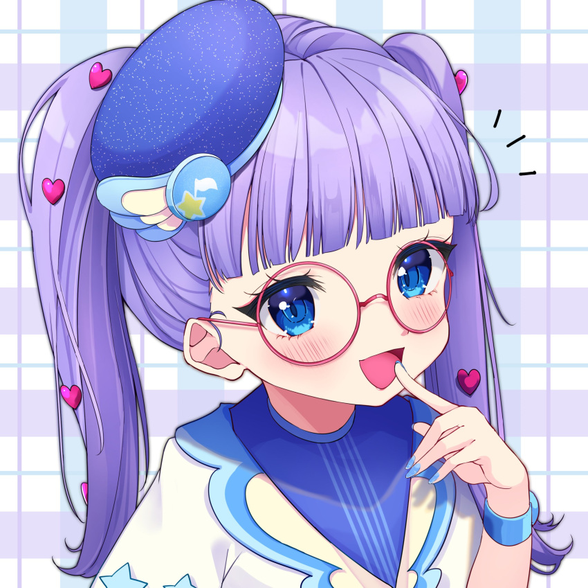 1girl :d absurdres blue_eyes blue_hat blue_nails blunt_bangs blush bracelet commentary_request finger_to_mouth glasses hair_ornament hand_up hat heart heart_hair_ornament highres himitsu_no_aipri jewelry long_hair looking_at_viewer mau_(pomme_0920) nail_polish notice_lines open_mouth pink-framed_eyewear player_character_(aipri) pretty_series purple_hair round_eyewear smile solo twintails upper_body