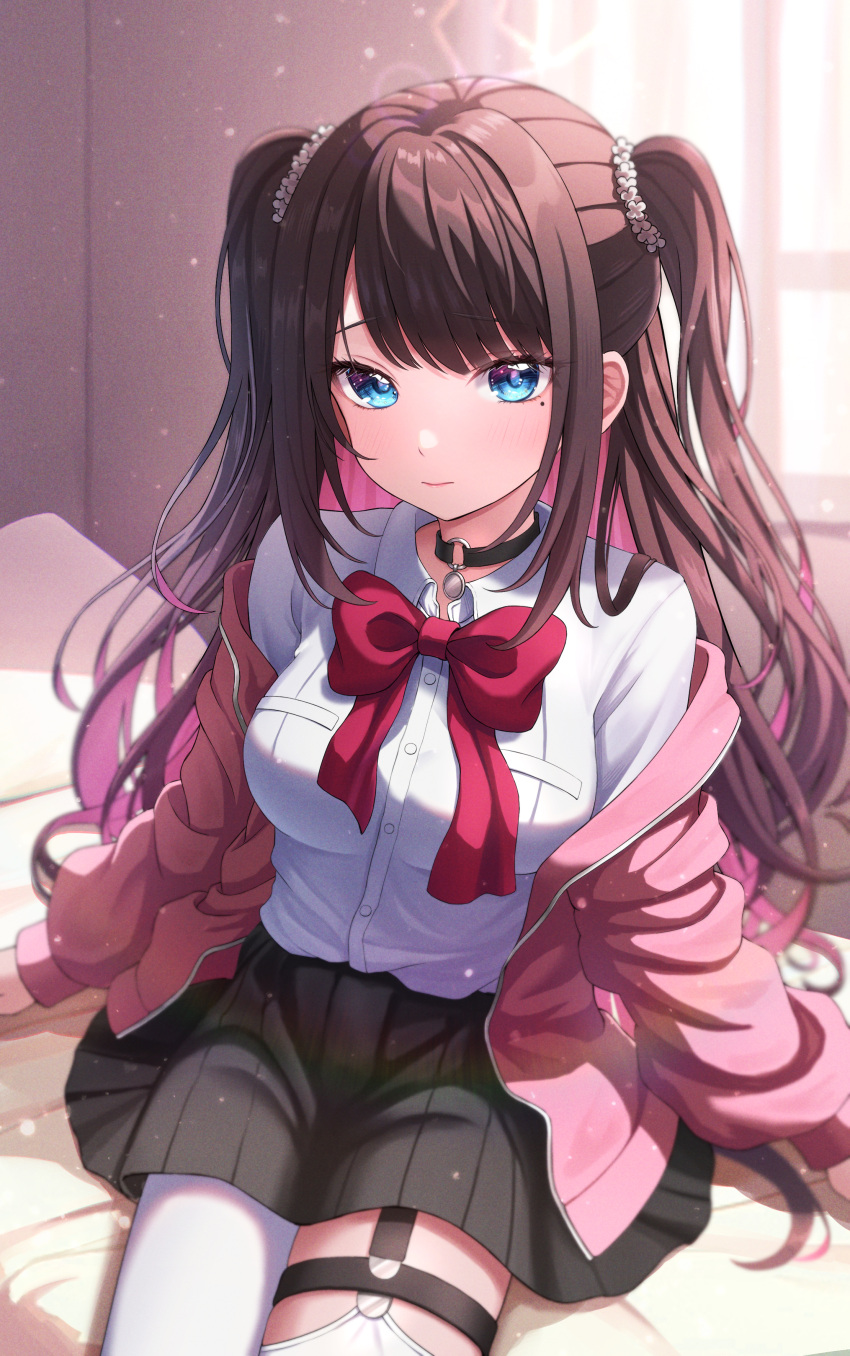 1girl absurdres black_skirt blue_eyes blush bow breasts brown_hair choker closed_mouth colored_inner_hair flower hair_flower hair_ornament harupuri913 highres indoors jacket kaga_nazuna long_hair looking_at_viewer medium_breasts mole mole_under_eye multicolored_hair on_bed pink_hair pink_jacket red_ribbon ribbon shirt sitting skirt solo sunlight thigh-highs twintails two-tone_hair virtual_youtuber vspo! white_shirt white_thighhighs window