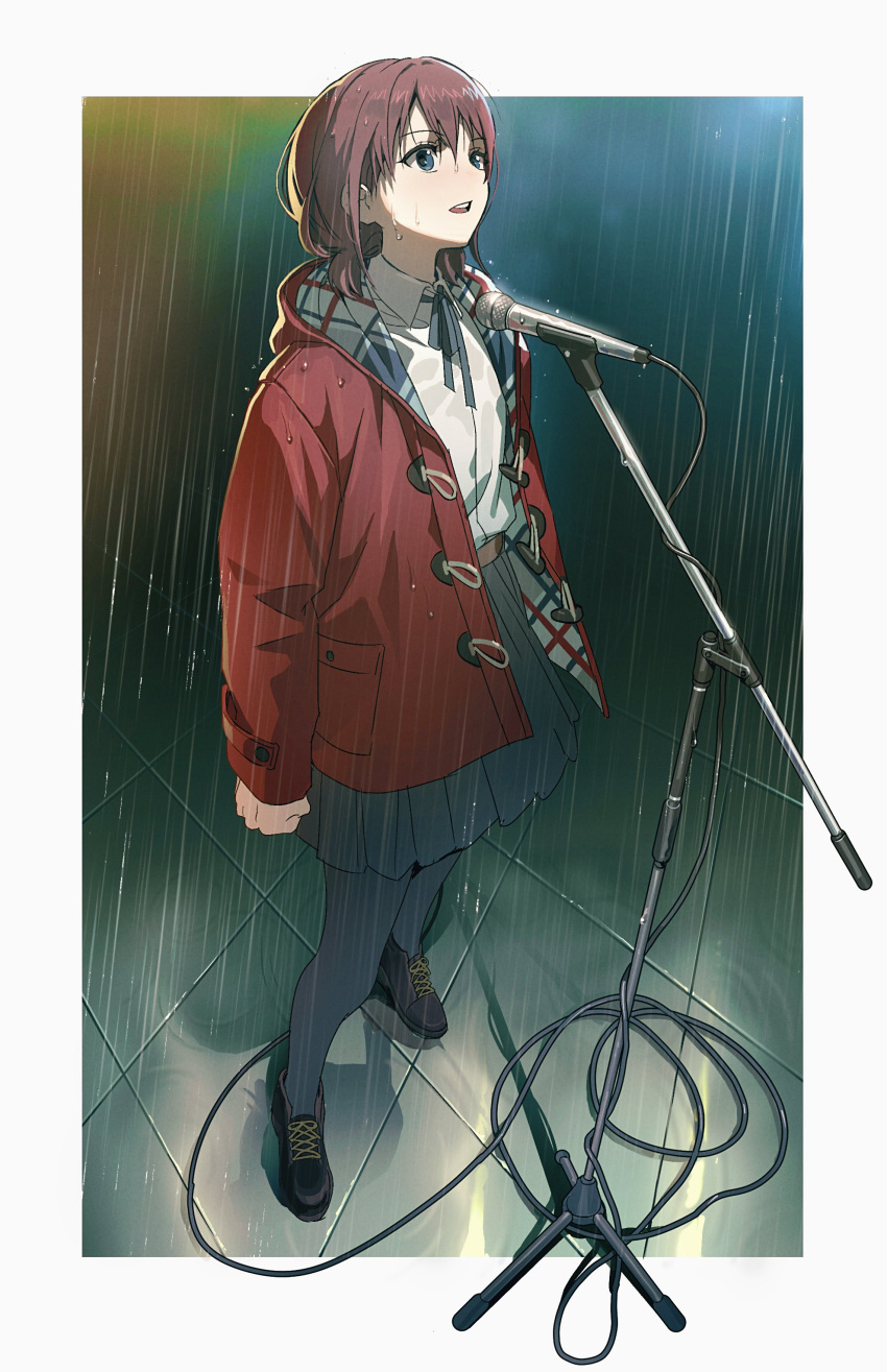 1girl absurdres black_footwear black_pantyhose black_skirt blue_eyes blue_ribbon border brown_hair cable collared_shirt dkdlel_anj dress_shirt full_body girls_band_cry hair_between_eyes highres hood hooded_jacket iseri_nina jacket long_sleeves low_twintails microphone_stand neck_ribbon open_mouth outside_border pantyhose pleated_skirt rain red_jacket ribbon shirt short_hair short_twintails skirt solo standing teeth twintails upper_teeth_only wet white_border white_shirt