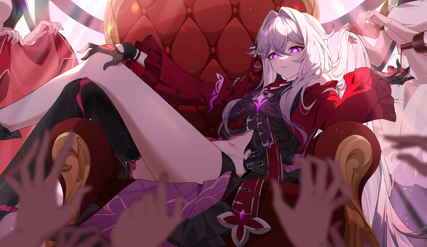 2others 3girls absurdres alcohol apron cup dress gloves grey_hair hair_ornament highres holding holding_cup honkai_(series) honkai_impact_3rd lexingrakukouu long_hair looking_at_viewer lying maid_apron multiple_girls multiple_others navel red_dress ribbon smile thelema_(honkai_impact) thighs violet_eyes wine