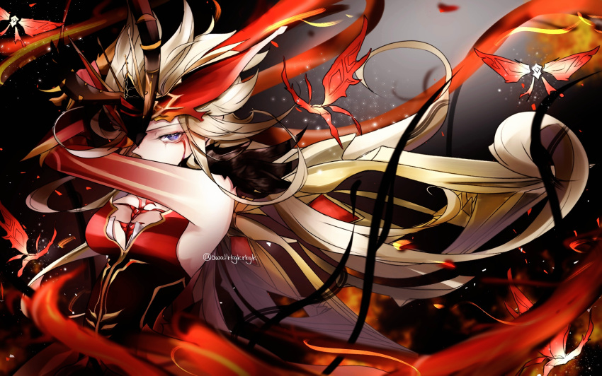 1girl bare_shoulders blonde_hair blue_eyes butterfly_mask butterfly_wings crimson_lotus_moth_(genshin_impact) doru dress fire fur_trim genshin_impact half_mask highres insect_wings long_hair looking_at_viewer mask mask_over_one_eye masked one_eye_covered red_dress signora_(crimson_witch_of_embers)_(genshin_impact) signora_(genshin_impact) solo torn_mask twitter_username wings