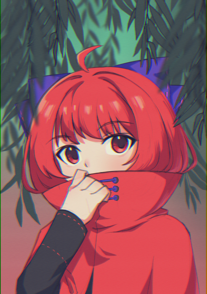1girl absurdres ahoge blue_bow bow cloak collar_tug commentary_request covered_mouth double_dealing_character gradient_background hair_bow high_collar highres leaf long_sleeves looking_at_viewer punidayo red_cloak red_eyes redhead sekibanki short_hair solo touhou upper_body