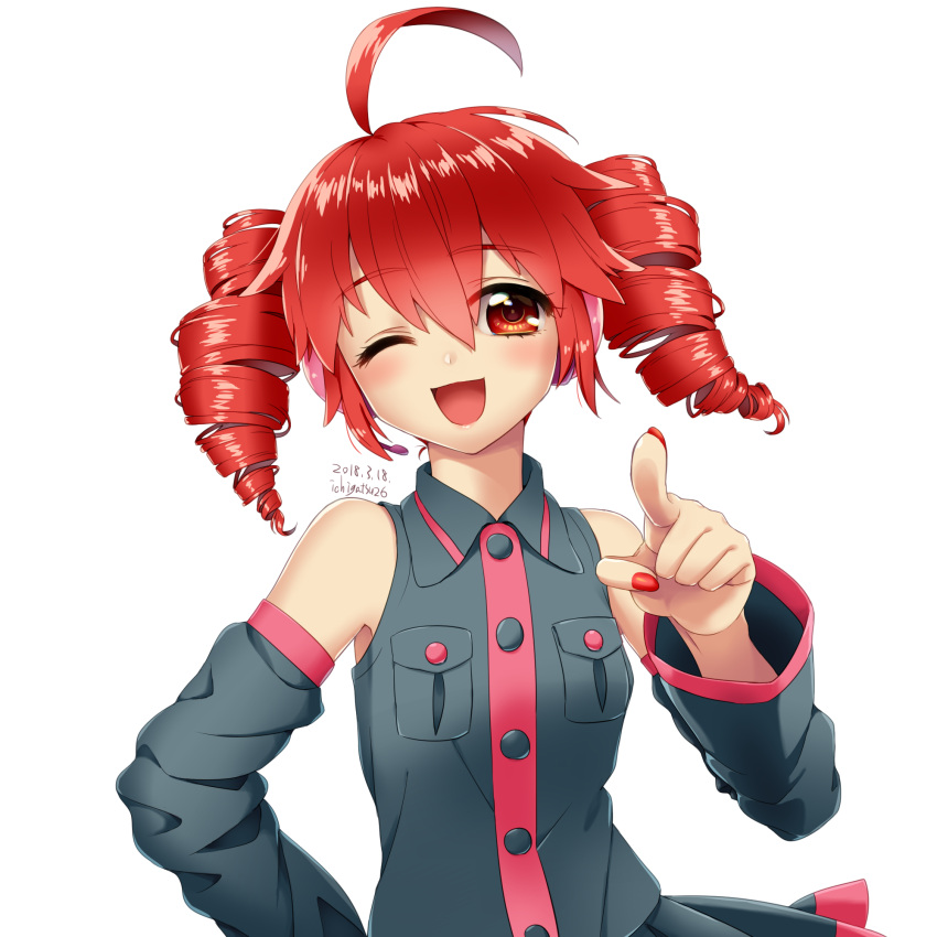 1girl blush collared_shirt dated detached_sleeves drill_hair highres kasane_teto long_sleeves looking_at_viewer mutsubizuki nail_polish one_eye_closed open_mouth pointing pointing_at_viewer red_eyes redhead shirt sleeveless sleeveless_shirt smile solo twin_drills utau