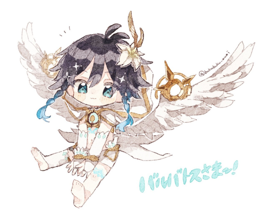 1boy :3 antenna_hair aqua_eyes artist_name black_hair blue_hair blush blush_stickers braid bridal_gauntlets capelet chest_tattoo chibi closed_mouth commentary_request crop_top feathered_wings flower genshin_impact gold_trim gradient_hair hair_between_eyes hair_flower hair_ornament hood hood_up hooded_capelet leg_tattoo looking_at_viewer male_focus medium_hair multicolored_hair nekorune_(bukubuku_awai) notice_lines parted_bangs short_shorts shorts side_braids simple_background single_thighhigh smile solo sparkle tattoo thigh-highs translation_request twin_braids twitter_username venti_(archon)_(genshin_impact) venti_(genshin_impact) white_background white_capelet white_flower white_shorts white_thighhighs white_wings wings