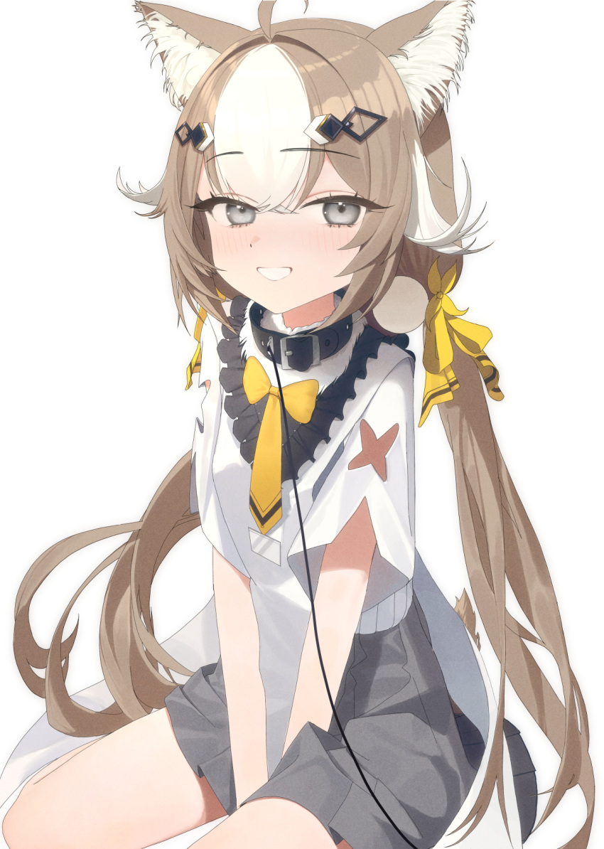 1girl ahoge animal_collar animal_ears black_collar blush bow bowtie brown_hair collar commentary commission girls'_frontline_neural_cloud girls_frontline grey_eyes grey_skirt hair_ornament hair_ribbon hannah_(neural_cloud) highres long_hair looking_at_viewer multicolored_hair necktie parted_lips ribbon simple_background sitting skirt smile streaked_hair twintails white_background white_hair wonjang yellow_bow yellow_bowtie yellow_necktie yellow_ribbon