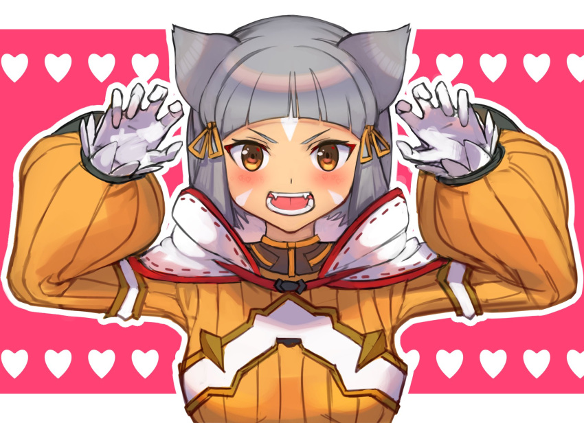 1girl animal_ears arms_up blush breasts brown_eyes claw_pose commentary_request facial_mark fangs gloves grey_hair hair_ribbon heart heart_background highres jumpsuit long_sleeves looking_at_viewer nia_(xenoblade) open_mouth outline pink_background puffy_long_sleeves puffy_sleeves r123 ribbon short_hair sleeves_past_wrists small_breasts solo two-tone_background upper_body v-shaped_eyebrows white_background white_gloves white_outline xenoblade_chronicles_(series) xenoblade_chronicles_2 yellow_jumpsuit yellow_ribbon