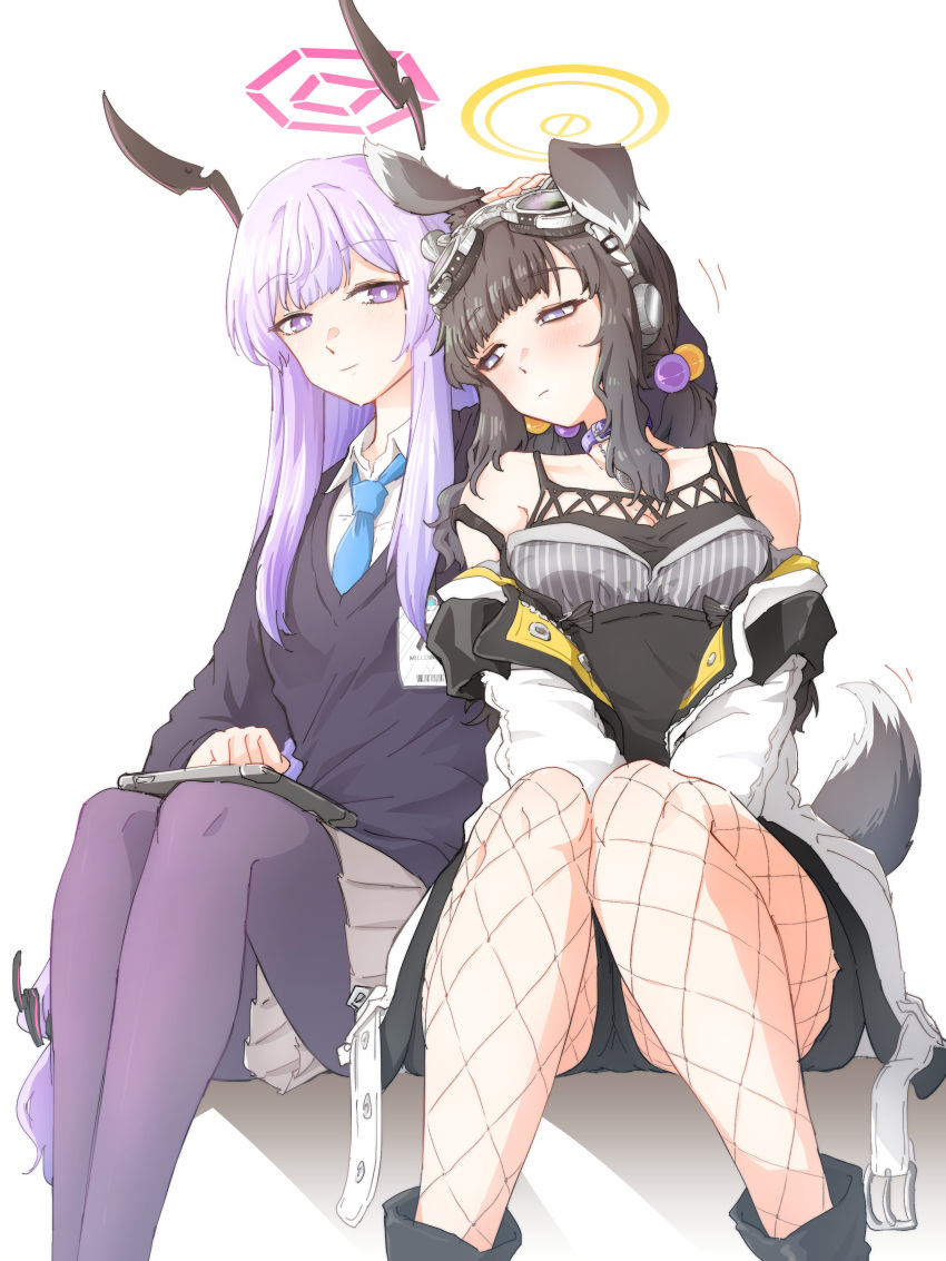 2girls absurdres animal_ears black_footwear black_hair black_sweater blue_archive blue_eyes blue_necktie blush breasts bright_pupils collar collarbone collared_shirt dog_ears dog_tail feet_out_of_frame floating_head hair_bobbles hair_ornament halo hariyaa headpat hibiki_(blue_archive) highres invisible_chair jacket leaning_on_person long_hair looking_at_another multiple_girls necktie off_shoulder pantyhose pleated_skirt purple_collar purple_hair purple_pantyhose shirt sidelocks simple_background sitting skirt smile sweater tablet_pc tail tail_wagging twintails utaha_(blue_archive) very_long_hair violet_eyes white_background white_jacket white_shirt white_skirt