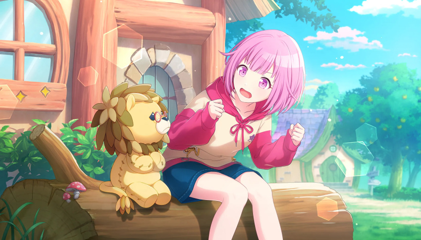 1girl animal blunt_bangs clenched_hands colorful_palette creature day denim denim_shorts glasses hands_up highres hood hoodie hoshi_o_mezashite_yoosoroo!_(project_sekai) leaning_forward looking_at_another official_art ootori_emu open_mouth pink_eyes pink_hair pink_sleeves project_sekai shorts sitting sleeves_past_wrists solo stuffed_animal stuffed_lion stuffed_toy v-shaped_eyebrows