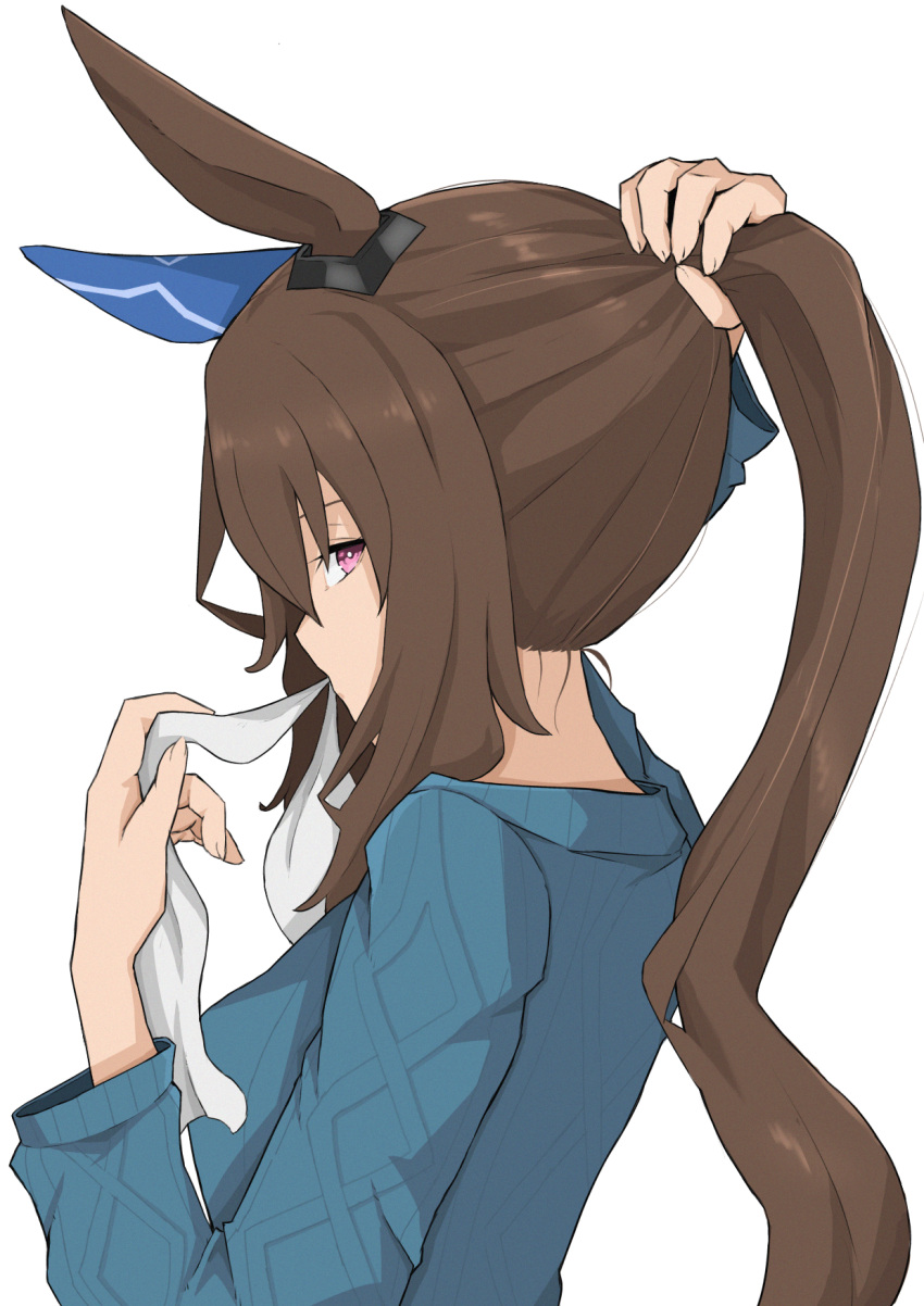 1girl 4kihoshi admire_vega_(umamusume) animal_ears blue_sweater brown_hair ear_covers from_side hair_ribbon highres horse_ears horse_girl long_hair long_sleeves looking_at_viewer mouth_hold ponytail ribbon sideways_glance simple_background single_ear_cover solo sweater umamusume upper_body violet_eyes white_background white_ribbon
