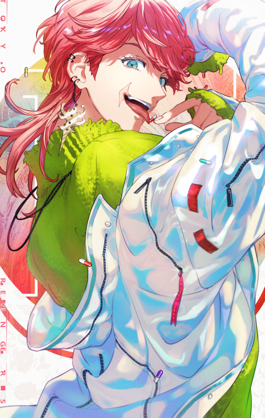 1boy absurdres blue_eyes clothes_pull colorful ear_piercing earrings from_side green_sweater highres holding_pill jacket jacket_pull jewelry koujisako looking_at_viewer male_focus open_clothes open_jacket open_mouth piercing pill pink_hair sanzu_haruchiyo single_earring smile solo sweater teeth tokyo_revengers tongue tongue_out upper_body upper_teeth_only white_jacket wolf_cut zipper