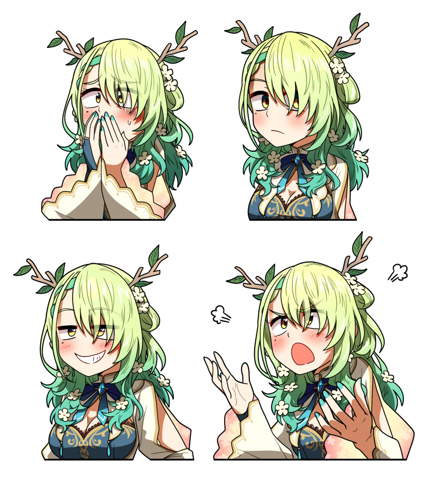 1girl antlers blue_dress breasts capelet ceres_fauna ceres_fauna_(1st_costume) chibi chibi_only commentary ddolbang dress empty_eyes english_commentary expressions flower gradient_hair green_hair grin hair_flower hair_ornament highres hololive hololive_english horns large_breasts long_hair mole mole_under_eye multicolored_hair multiple_views puff_of_air simple_background smile upper_body virtual_youtuber white_background white_capelet yellow_eyes