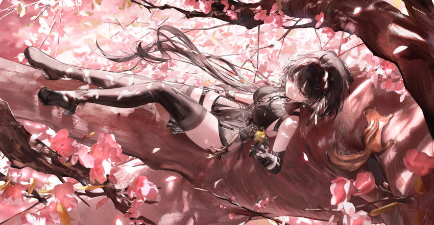 1girl absurdres bare_shoulders bird black_dress black_hair boots breasts cowlick dress elbow_gloves falling_petals fek_zin female_rover_(wuthering_waves) from_above gloves high_heel_boots high_heels highres large_breasts leaf long_hair lying partially_fingerless_gloves pelvic_curtain petals pouch solo squirrel thigh-highs thigh_strap thighs tree very_long_hair wuthering_waves yellow_eyes