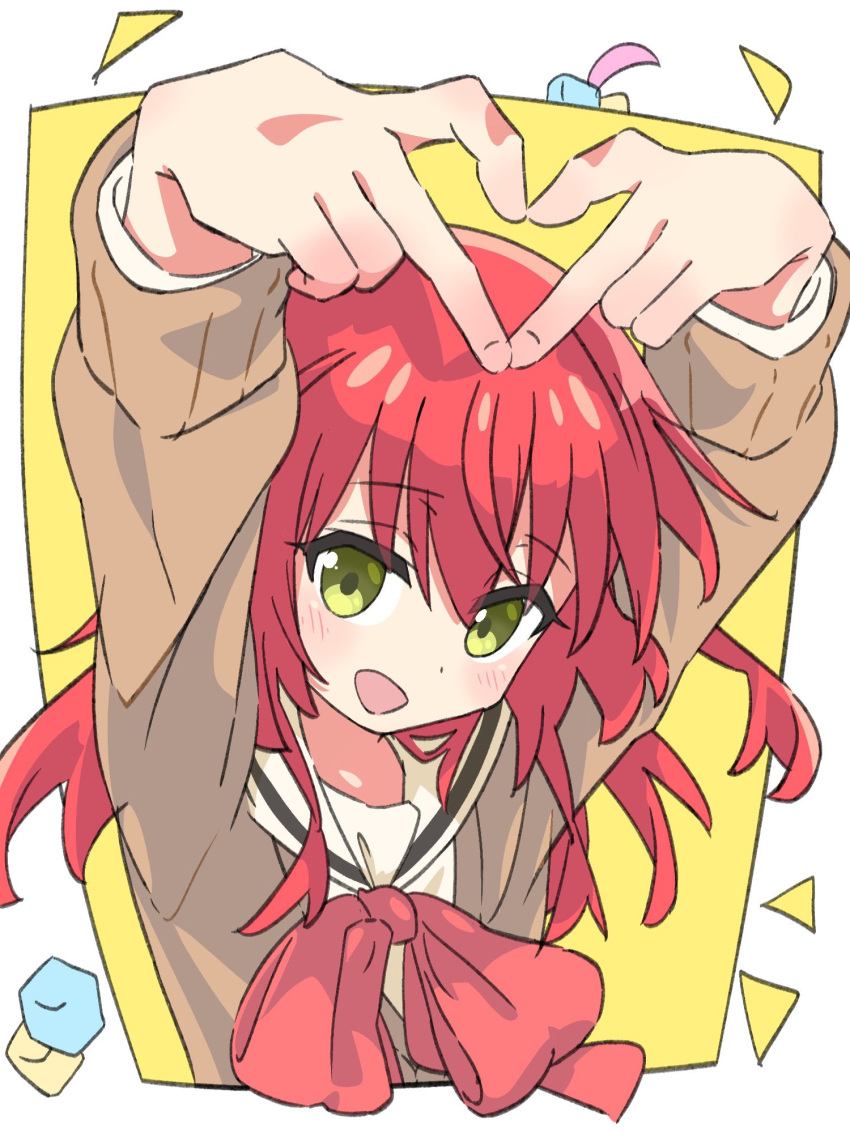1girl :d arms_up bocchi_the_rock! border bow bowtie brown_cardigan cardigan commentary cube_hair_ornament dot_nose floating_hair gotoh_hitori hair_between_eyes hair_ornament happy heart heart_hands highres kita_ikuyo light_blush long_hair long_sleeves looking_at_viewer one_side_up open_mouth red_bow red_bowtie redhead school_uniform shuka_high_school_uniform simple_background sinpasinsy sleeve_cuffs smile solo standing through_medium two-tone_background white_border yellow_background