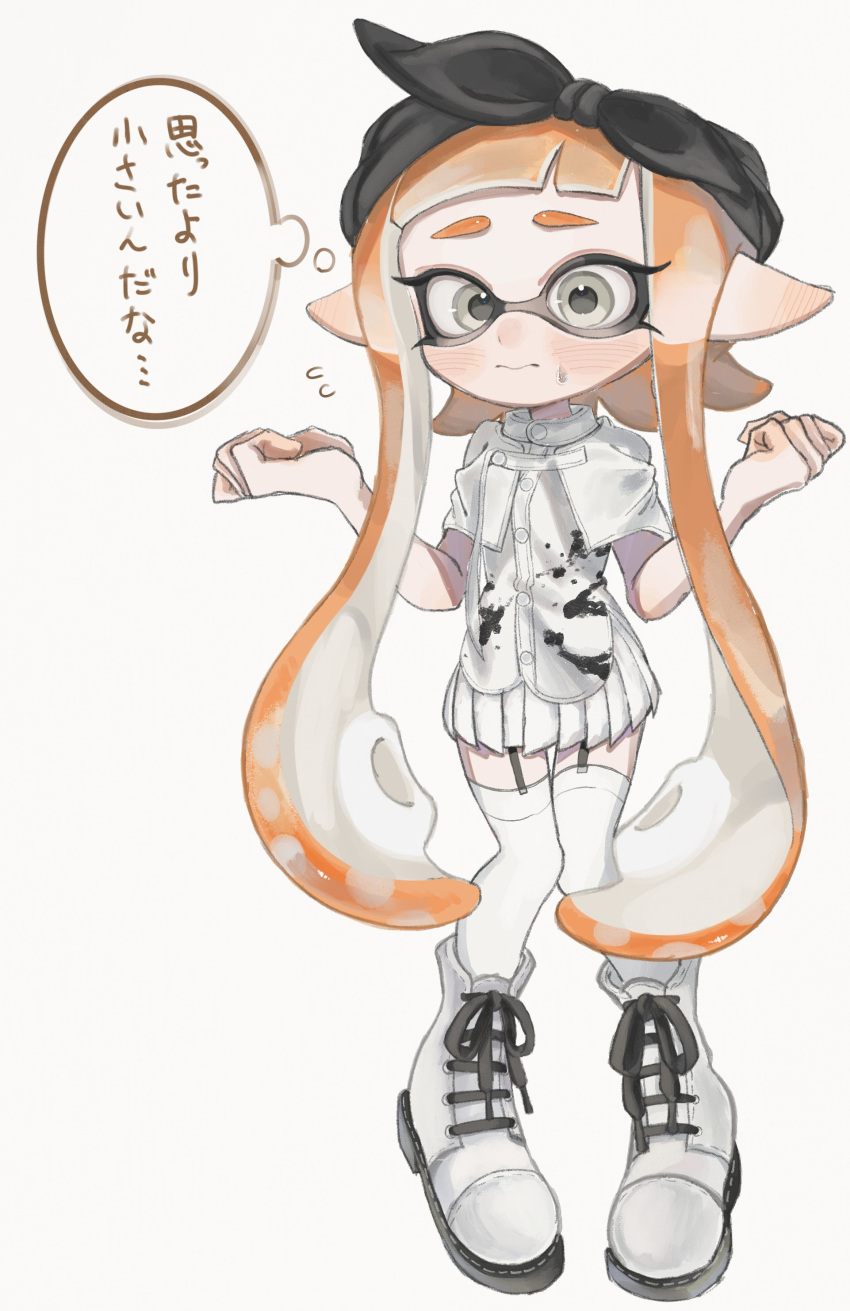1girl absurdres arms_up black_bow black_hairband blush boots bow bow_hairband closed_mouth cross-laced_footwear eyelashes full_body garter_straps grey_eyes hairband highres inkling inkling_girl inkling_player_character lemo_(lemo_4) long_hair orange_hair pointy_ears simple_background solo splatoon_(series) standing tentacle_hair thigh-highs thought_bubble translated very_long_hair white_background white_footwear white_thighhighs