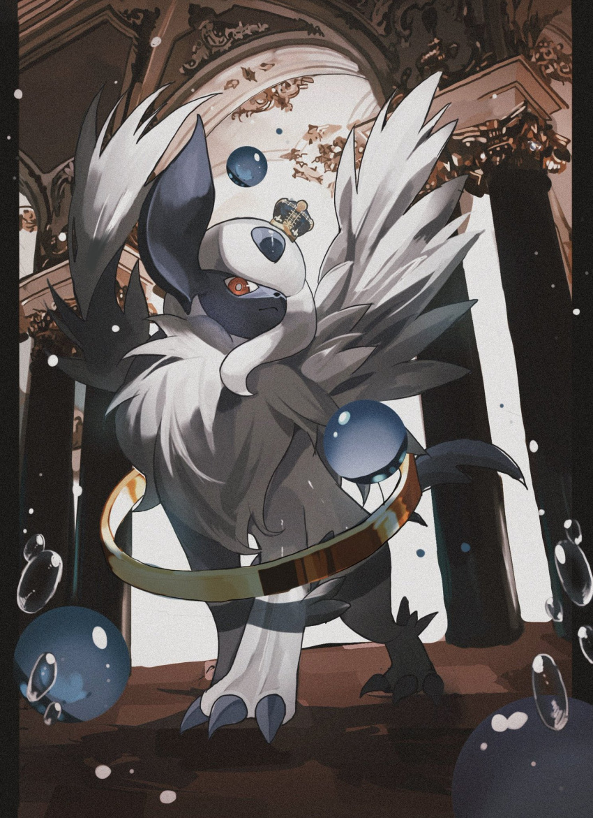 absol blue_skin border claws colored_skin crown feathered_wings hair_over_one_eye highres jewelry looking_at_viewer mega_absol no_humans pokemon red_eyes reo_(mmocc123) ring water_drop white_fur white_hair white_wings wings