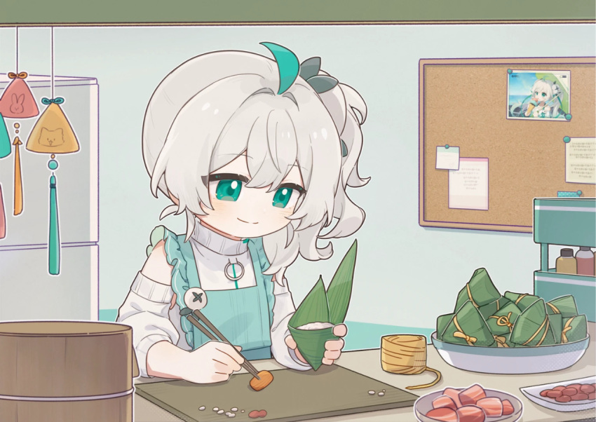 1girl ahoge apron barrel blue_apron chopsticks closed_mouth copyright_request cutting_board dyed_ahoge food green_eyes green_hair holding holding_umbrella ice_cream indoors kitchen meat multicolored_hair ocean off-shoulder_sweater off_shoulder picture_frame plate refrigerator shirt side_ponytail smile solo sweater twintails umbrella white_hair white_shirt zongzi