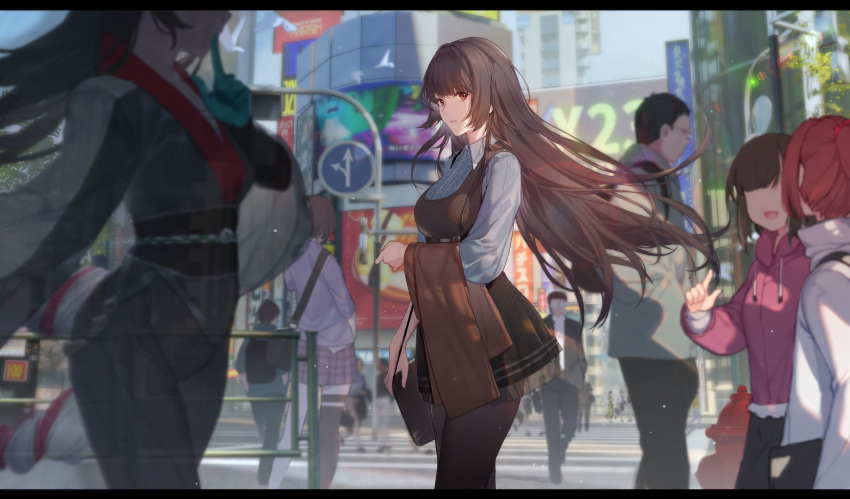 6+boys 6+girls :d absurdres aqua_gloves backpack bag black_hair black_pantyhose black_thighhighs breasts day dress faceless faceless_female gloves handbag highres lamppost long_hair looking_at_viewer multiple_boys multiple_girls outdoors pantyhose parted_lips persona persona_5 persona_5:_the_phantom_x red_eyes redhead signpost single_thighhigh smile solo solo_focus swd3e2 thigh-highs unworn_clothes x-ray