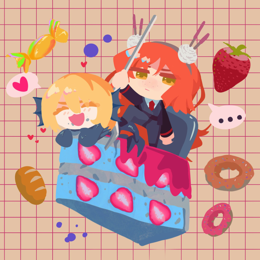 2girls :3 black_jacket blonde_hair blush brown_hairband cake candy_wrapper closed_eyes collared_shirt don_quixote_(project_moon) doughnut e.g.o_(project_moon) electricleaf fins food fork fruit green_eyes hairband head_fins highres ishmael_(project_moon) jacket limbus_company long_hair multiple_girls necktie open_mouth orange_hair project_moon red_necktie shirt short_hair sidelocks smile speech_bubble strawberry very_long_hair white_shirt