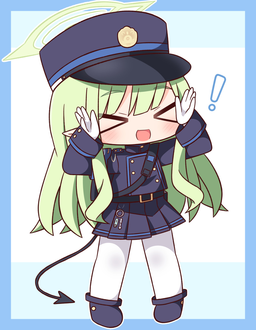 ! &gt;_&lt; 1girl :d black_skirt blue_archive blue_background blue_border blue_footwear blue_hat blue_jacket blush border chibi closed_eyes demon_tail facing_viewer full_body gloves green_hair halo hana_kazari hands_up hat highlander_sidelocks_conductor_(blue_archive) highres jacket long_hair pantyhose peaked_cap pleated_skirt pointy_ears shoes skirt smile solo standing tail two-tone_background very_long_hair white_background white_gloves white_pantyhose xd