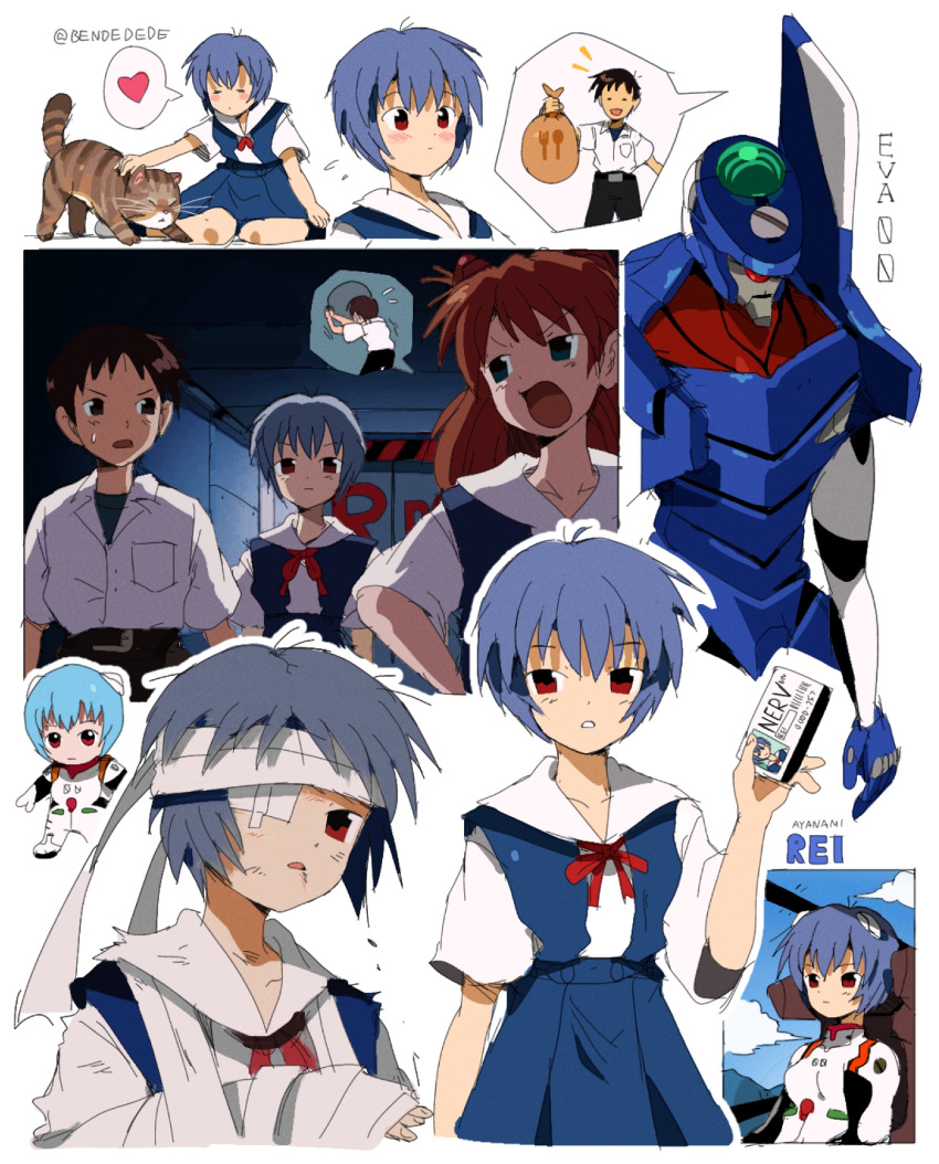 1boy 2girls arm_sling artist_name ayanami_rei bag bandage_over_one_eye bandaged_arm bandaged_head bandages bendedede black_pants black_undershirt blood blood_on_face blue_hair blue_skirt blue_sky blush bodysuit border bow bowtie breast_pocket breasts broken_arm brown_bag brown_cat brown_hair card cast character_name chibi closed_eyes closed_mouth clouds cockpit collarbone collared_shirt commentary crank door dot_nose dress_shirt embarrassed english_commentary eva_00 flying_sweatdrops full_body hair_between_eyes hallway hand_on_animal hand_up heart highres holding holding_bag holding_card holding_sack id_card ikari_shinji indoors injury long_hair looking_at_viewer mecha meme mountainous_horizon multiple_girls multiple_views neck_ribbon neon_genesis_evangelion open_mouth pants parted_lips petting pilot_suit plugsuit pocket red_bow red_bowtie red_eyes red_ribbon redhead rei_chikita ribbon robot romaji_text sack scene_reference school_uniform shinji_crank_that_soulja_boy_(meme) shirt short_hair short_sleeves signature sitting skirt sky small_breasts solo_focus souryuu_asuka_langley spoken_character spoken_heart suspender_skirt suspenders sweatdrop t-shirt tabby_cat talking tokyo-3_middle_school_uniform torn_clothes twitter_username upper_body wariza white_background white_bodysuit white_border white_shirt