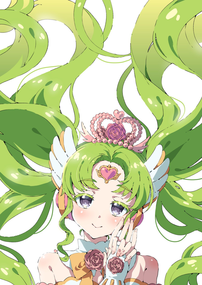 1girl bare_shoulders closed_mouth colored_eyelashes commentary_request crown detached_collar falulu falulu_(awakened) floating_hair flower forehead_jewel green_hair grey_eyes hands_up headphones highres idol_clothes interlocked_fingers long_hair looking_at_viewer own_hands_together parted_bangs pink_flower pink_rose pretty_series pripara rose sidelocks simple_background smile solo tsujii_luki twintails upper_body very_long_hair white_background wing_hair_ornament