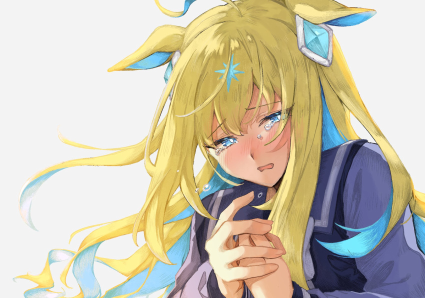 1girl ahoge animal_ears blonde_hair blue_eyes blue_hair bow bowtie colored_inner_hair commentary_request crying crying_with_eyes_open diamond_hair_ornament ear_ornament hair_between_eyes hair_ornament highres horse_ears horse_girl horseshoe_ornament l60cm0521 long_hair long_sleeves multicolored_hair neo_universe_(umamusume) own_hands_together purple_shirt sad sailor_collar sailor_shirt school_uniform shirt simple_background solo tears tracen_school_uniform two-tone_hair umamusume white_background