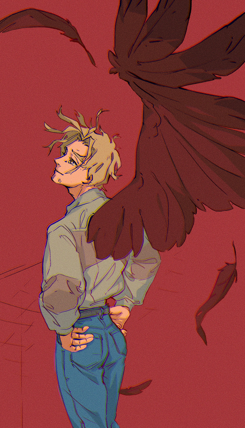 1boy absurdres blonde_hair blue_pants boku_no_hero_academia closed_mouth facial_hair feathers fingernails freesilverwind from_behind goatee hawks_(boku_no_hero_academia) highres looking_to_the_side male_focus pants red_background red_wings shirt short_hair solo white_shirt wings