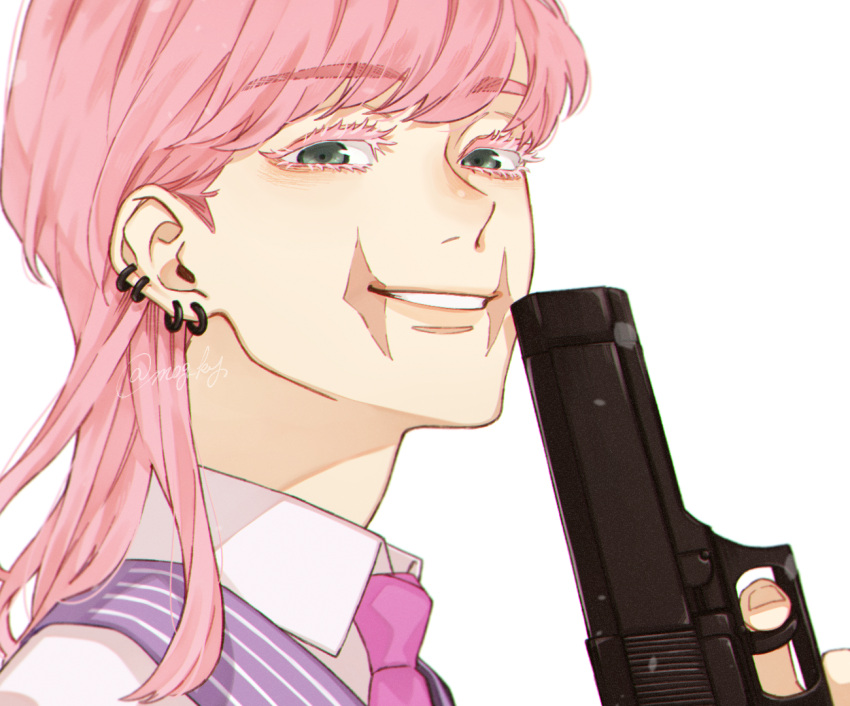 1boy close-up collared_shirt ear_piercing eyelashes from_side green_eyes gun head_tilt holding holding_gun holding_weapon looking_at_viewer male_focus medium_hair mog_ky necktie parted_lips piercing pink_hair portrait purple_necktie purple_vest sanzu_haruchiyo scar scar_on_face shirt simple_background smile solo striped_clothes teeth tokyo_revengers twitter_username vest weapon white_shirt wolf_cut