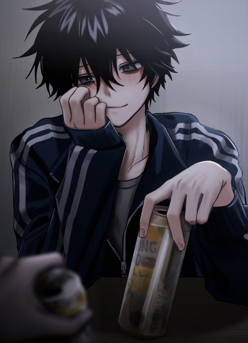 1boy 1other absurdres alcohol bags_under_eyes black_hair blue_jacket blurry blurry_foreground blush can grey_eyes hair_between_eyes head_rest highres holding holding_can imai_akira jacket long_sleeves looking_at_viewer male_focus multiple_boys original pov pov_hands shirt simple_background smile solo_focus strong_zero track_jacket upper_body
