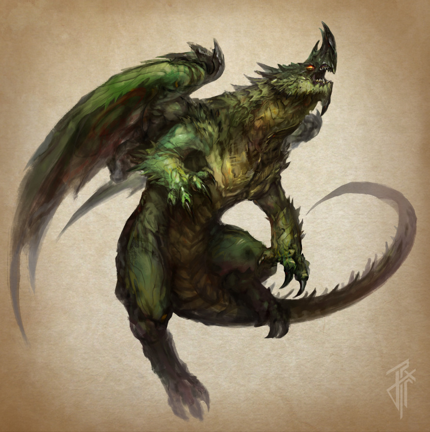 absurdres animal_focus claws dragon dungeons_&amp;_dragons from_side full_body glowing glowing_eye green_scales highres jeex_farfadet monster no_humans official_art open_mouth scales sharp_teeth signature simple_background solo tail teeth wings yellow_background yellow_eyes