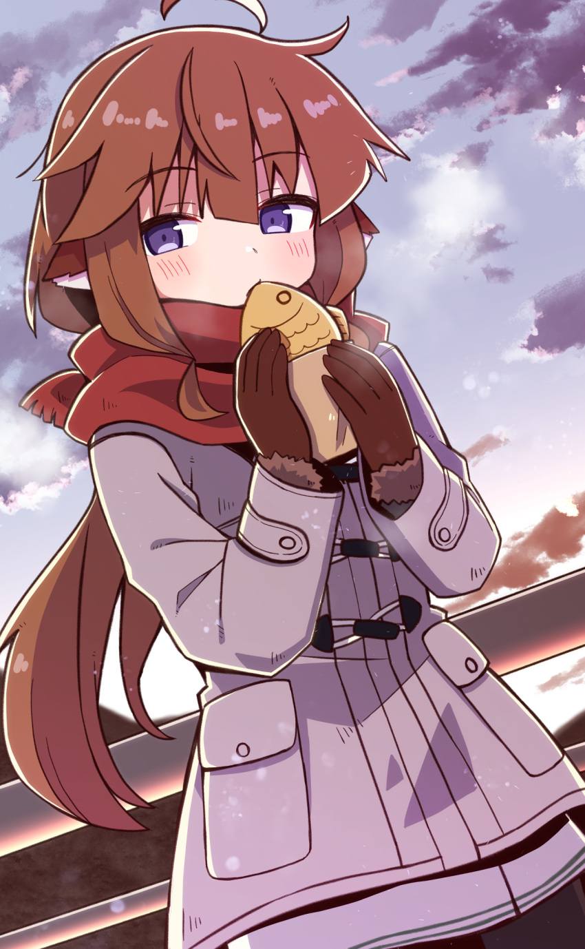 1girl ahoge animal_ears blue_eyes blush brown_gloves brown_hair clouds coat commentary_request cowboy_shot duffel_coat dusk eating food gloves highres long_hair long_sleeves looking_to_the_side low_ponytail original outdoors parted_lips railing red_scarf scarf sky solo taiyaki wagashi yukinagi